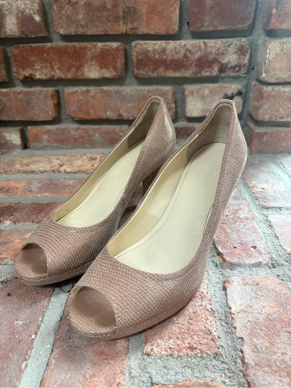 Calvin Klein Taupe Peep-Toe Textured Heels